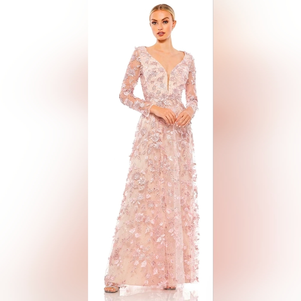 Mac Duggal Women's Floral Applique Long Sleeve Illusion Gown.